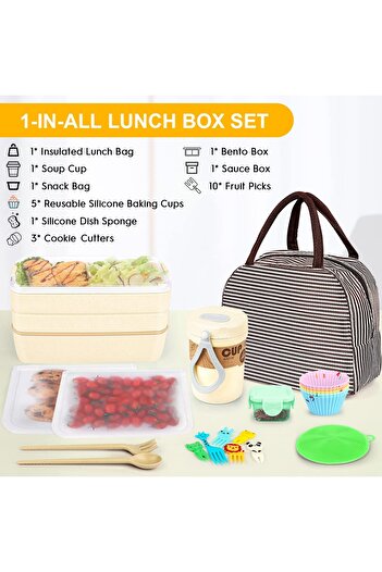 fulina 27 PCs Lunch Box Kit, Stackable 3-in-1 Compartment,With Soup Cup Spoon Fork, for kids and Adults