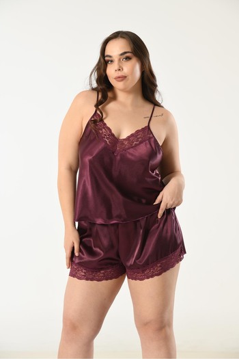 NUİTAMORE Plum Lace Satin Plus Size Shorts Set – Charming and Elegant