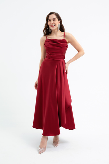 Lafaba Women's Burgundy Flounce Slit Satin Midi Length Evening Dress & Graduation Dress
