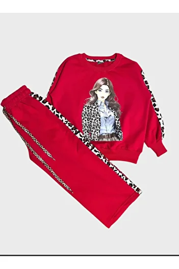 ALİŞ KİDS Girl's Cotton Red Girl's Leopard Patterned Long Sleeve Loose Wide Leg Tracksuit Set