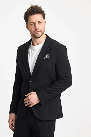 Frappoli Jasino Men's Black Cotton Lycra Slim Fit Knitted Stretching Mono Collar Blazer Jacket