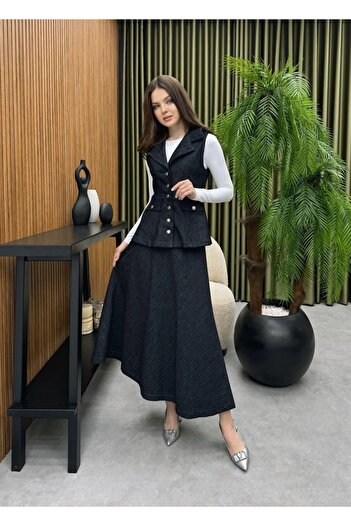 Cardella Premium Quality Striped Jean Vest Skirt Double Suit Hijab Compatible Denim Vest Suit Skirt Suit
