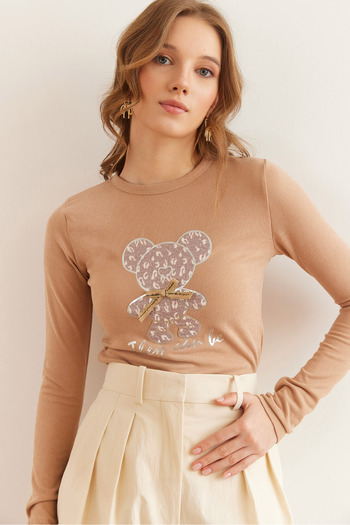 Olalook Camel Lame Women's Crop Blouse - Stripe and Teddy Bear Applique, Stretchy Blz- 19002840