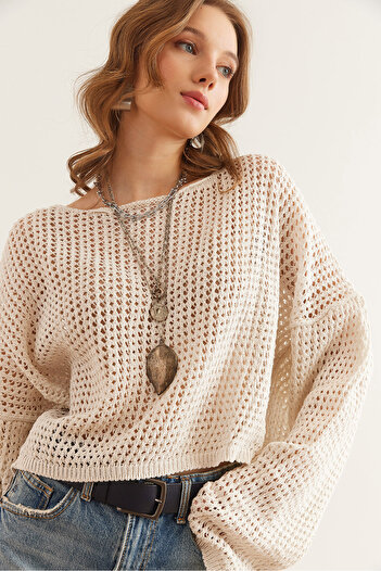 Olalook Women's Ecru Boat Neck Openwork Seasonal Knitwear Blouse Blz- 19002844