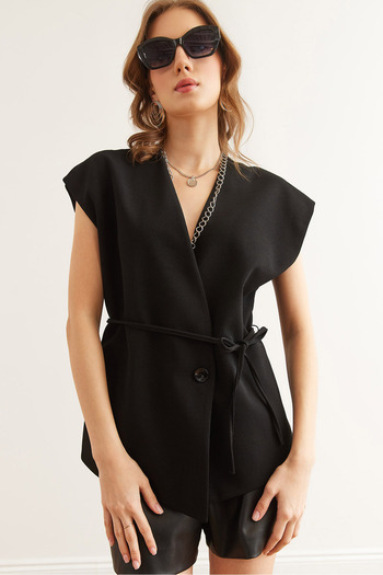 Olalook Women's Black Belted Single Button Lined Vest Ylk- 19000054