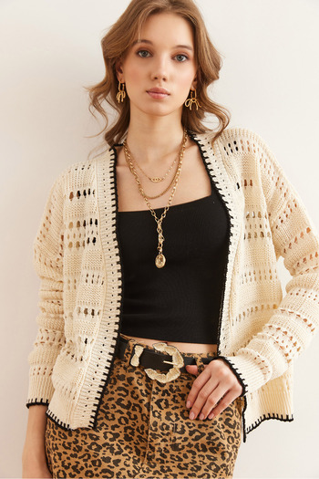 Olalook Women's Ecru Karyoka Detailed Openwork Knitwear Cardigan Hrk- 19000340
