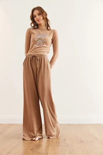 Olalook Women's Camel Color Pajama Bottom - Lace-Up and Pocket, Thick Ribbed Loose Pjma- 0000003