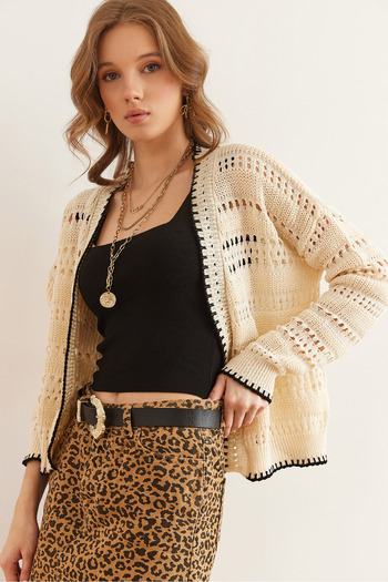 Olalook Women's Ecru Karyoka Detailed Openwork Knitwear Cardigan Hrk- 19000340