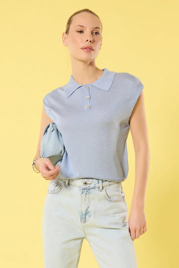 Trendyol Collection Bluză de tricotaj cu gât polo albastru deschis TWOSS25BZ00178