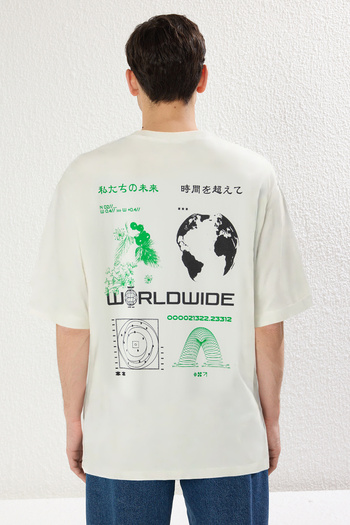 Trendyol Collection Ecru Oversize Printed Cotton T-Shirt - Tmnss25Ts00118