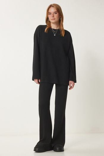 Happiness İstanbul Schwarze, bequeme, gerippte Strickblusen-Hosenanzüge für Damen RG00047