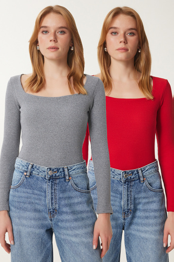 Happiness İstanbul Women's Gray Red Square Neck 2-Pack Knitted Blouse Gt00056