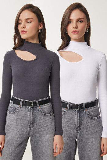Happiness İstanbul Anthrazitweiße 2-teilige, detaillierte, gerippte Strickbluse mit Ausschnitten für Damen GT00235