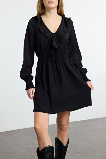 Edit by Trendyol Black Flounce Detailed Gimped Mini Woven Dress Tedaw25El00040