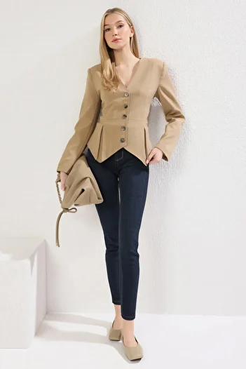 Trendyol Collection Mink V-Neck Fitted Woven Blazer Jacket Twoss25Bc00038