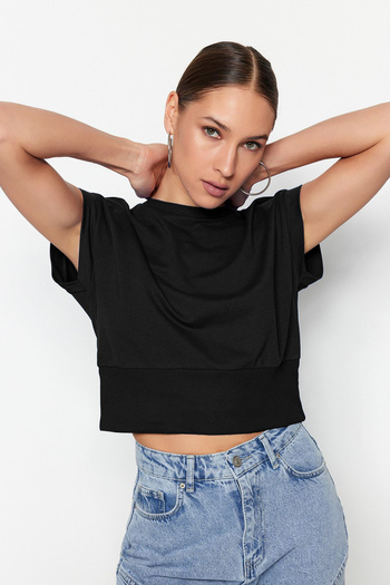 Trendyol Collection Bluză neagră tricotată subțire cu guler rotund - mânecă montată, TWOSS22BZ0798