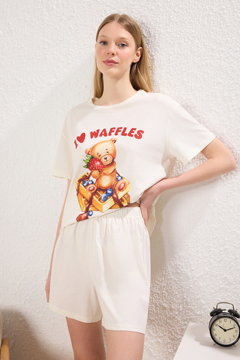 Trendyol Collection Ecru Animal Single Jersey Shorts Knitted Pajamas Set Thmss25Pt00349