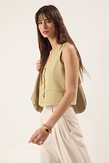 Trendyol Collection Khaki Oversize V-Neck Linen Look Vest Twoss25Ye00085