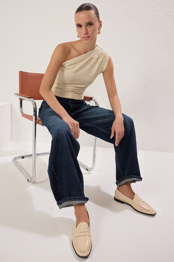 Trendyol Collection Stone Asymmetrical Single Shoulder Padded Stretchy Knitted Blouse Twoss24Bz00133