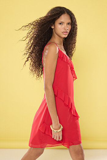 Trendyol Collection Red Straight Ruffle Mini Woven Dress Twoss25El00407