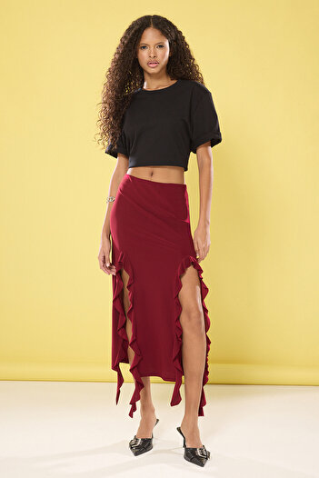 Trendyol Collection Flexible Burgundy Fish Maxi Skirt - Slit and Ruffle Detail Twoss24Et00066
