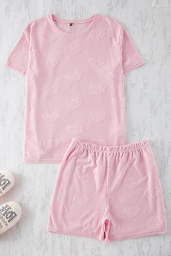 Trendyol Curve Pink Heart Patterned Textured Knitted Pajamas Set Tbbss25Ai00085