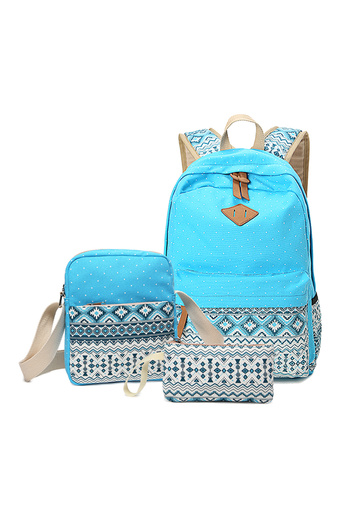 fulina Canvas Backpack,3 in 1 New Style Printed Zipper Students Backpack Set,Blue