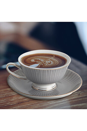 sharpdo Ceramic Coffee Cup Set with Saucer, 220ml, Classic Design, Golden Color