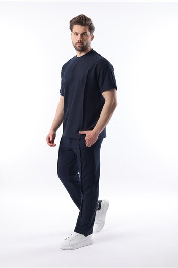 Madmext Ανδρικό κοστούμι Navy Blue μπροστινό πλισέ Overfit E7304
