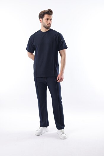 Madmext Ανδρικό κοστούμι Navy Blue μπροστινό πλισέ Overfit E7304