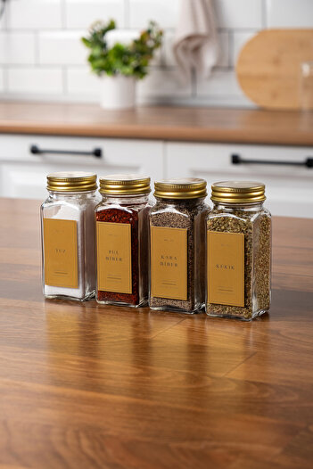 EVLE Set of 4 Glass Spice Jars with Gold Lid and Label Spice Jars