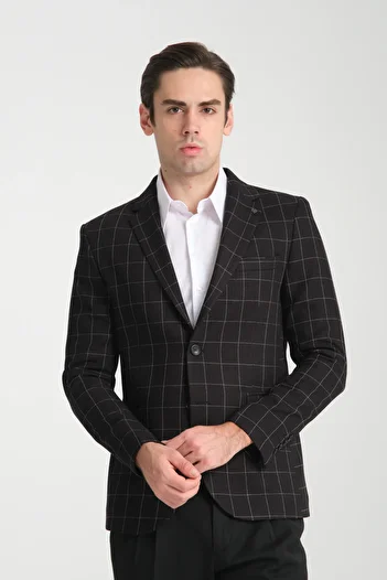 Frappoli Paridee Men's Black Plaid Oversize Oversize Mono Collar Slim Fit Blazer Sports Jacket