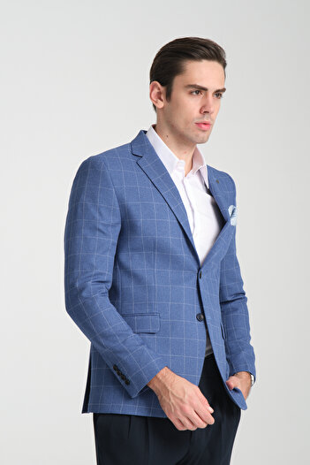 Frappoli Paridee Erkek İndigo Ekose Battal Büyük Beden Mono Yaka Dar Kesim Blazer  Spor Ceket