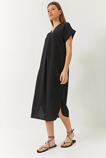 Bianco Lucci Women's V-Neck Slit Detailed Midi Comfortable Linen Dress 354 60261440
