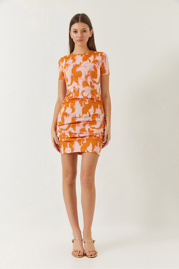 Bianco Lucci Women's Short Sleeve Print Dress with Side Drawstring Detail 60261385