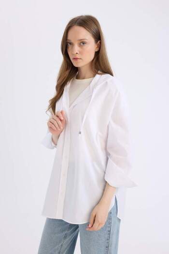 DeFacto Relax Fit Hooded Basic Plain Poplin Μακρυμάνικο Λευκό Μουσουλμανικό πουκάμισο E1262AX25SP
