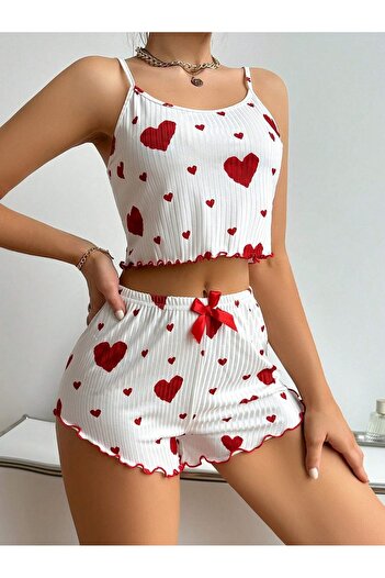 BELLA NOTTE Pamuklu  İp Askılı Kalp Desenli Pijama Takımı