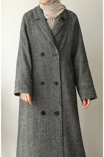 suhneva Herringbone Pattern Cashew Coat - Black