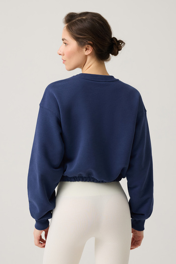 Los Ojos Navy Blue Wide Fit Waist Shirred Crop Sweatshirt Cropped Pullover