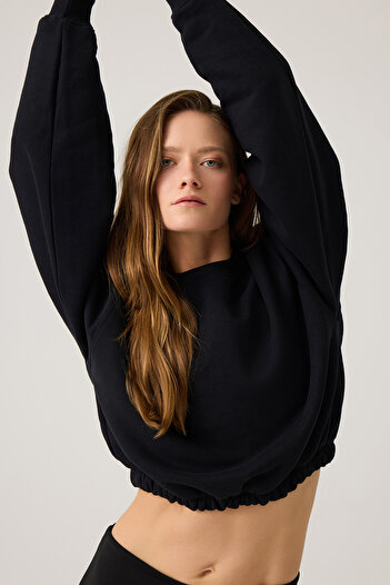 Los Ojos Black Crop Sweatshirt, Wide Fit Waist Drawstring Pullover