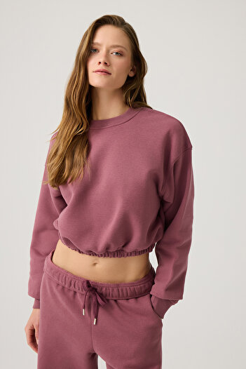 Los Ojos Burgundy Wide Fit Waist Shirred Crop Sweatshirt Cropped Pullover