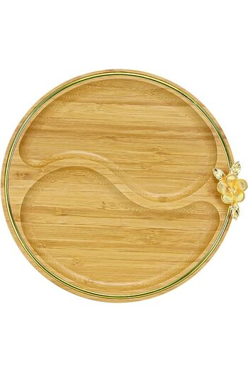 AKDC Wooden Snack Plates with 2 Partitions – Handmade Bamboo Divider Tray with Flower Pendant (30cm)