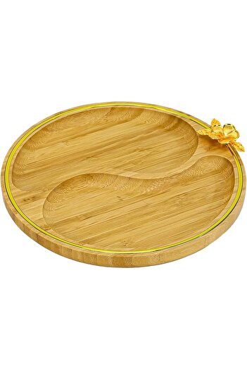 AKDC Wooden Snack Plates with 2 Partitions – Handmade Bamboo Divider Tray with Flower Pendant (30cm)