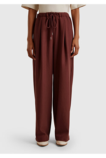United Colors of Benetton Women's Brown Liyosel Blended Wide Leg Trousers with Elastic Waist