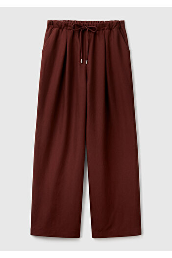 United Colors of Benetton Women's Brown Liyosel Blended Wide Leg Trousers with Elastic Waist