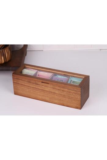 Atbyhome Atby Acacia Wood Lid 5 Compartment Tea Box 26,5X9X9 cm Transparent Lid Tea and Coffee Organizer K