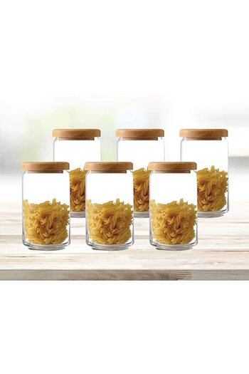 Ocean Pop Jar with Wooden Lid, Set of 6, Clear, 1000ml – Airtight Food Storage Container & Canister
