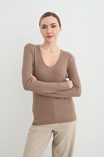 Dilvin 10708 V-Neck Sequined Soft Textured Thin Knitwear Sweater