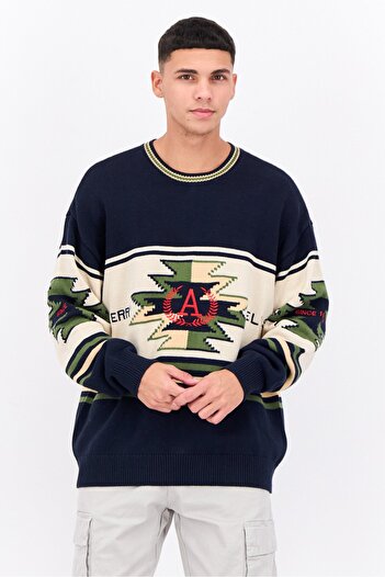 Perry Ellis Men Embroidered Logo Pull Over Sweater, Navy