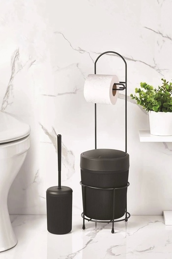Depa Black Bathroom Set with Round Bucket and Paper Holder - Metal Stand and Brush Holder